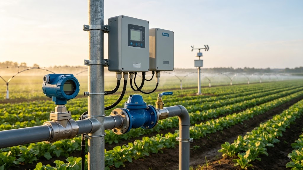 Automated agricultural irrigation system with an electromagnetic flow meter, pressure sensor, control box, and weather station in a crop field.