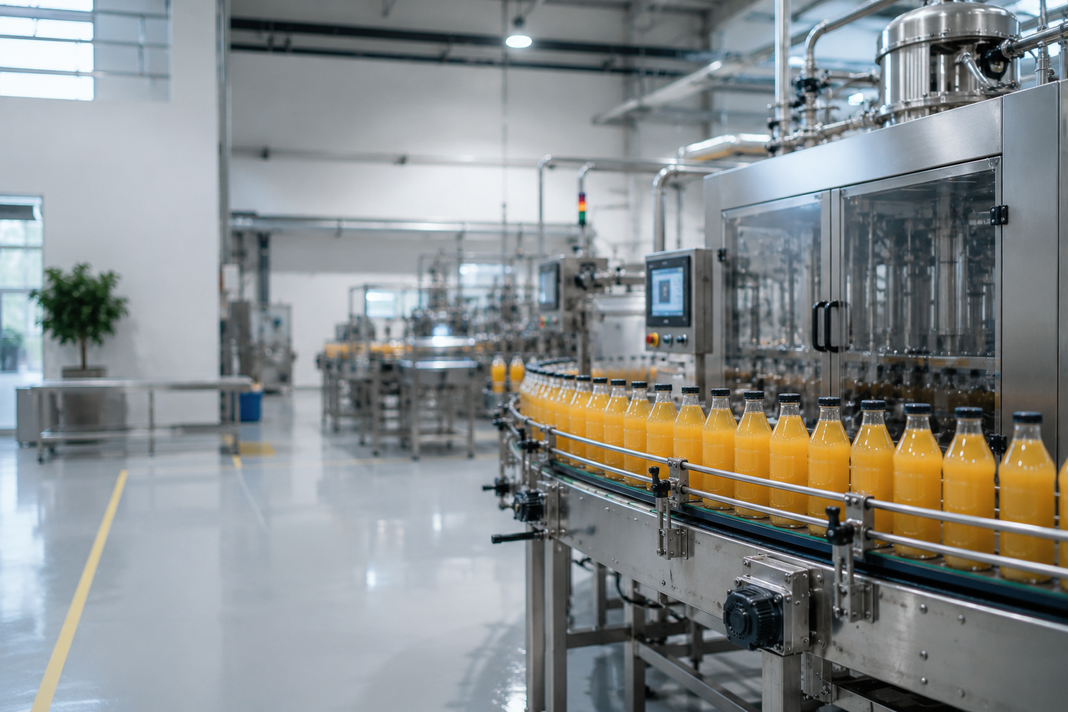 Automated orange juice bottling line in a beverage production facility, featuring flow meters and pressure sensors for process control.