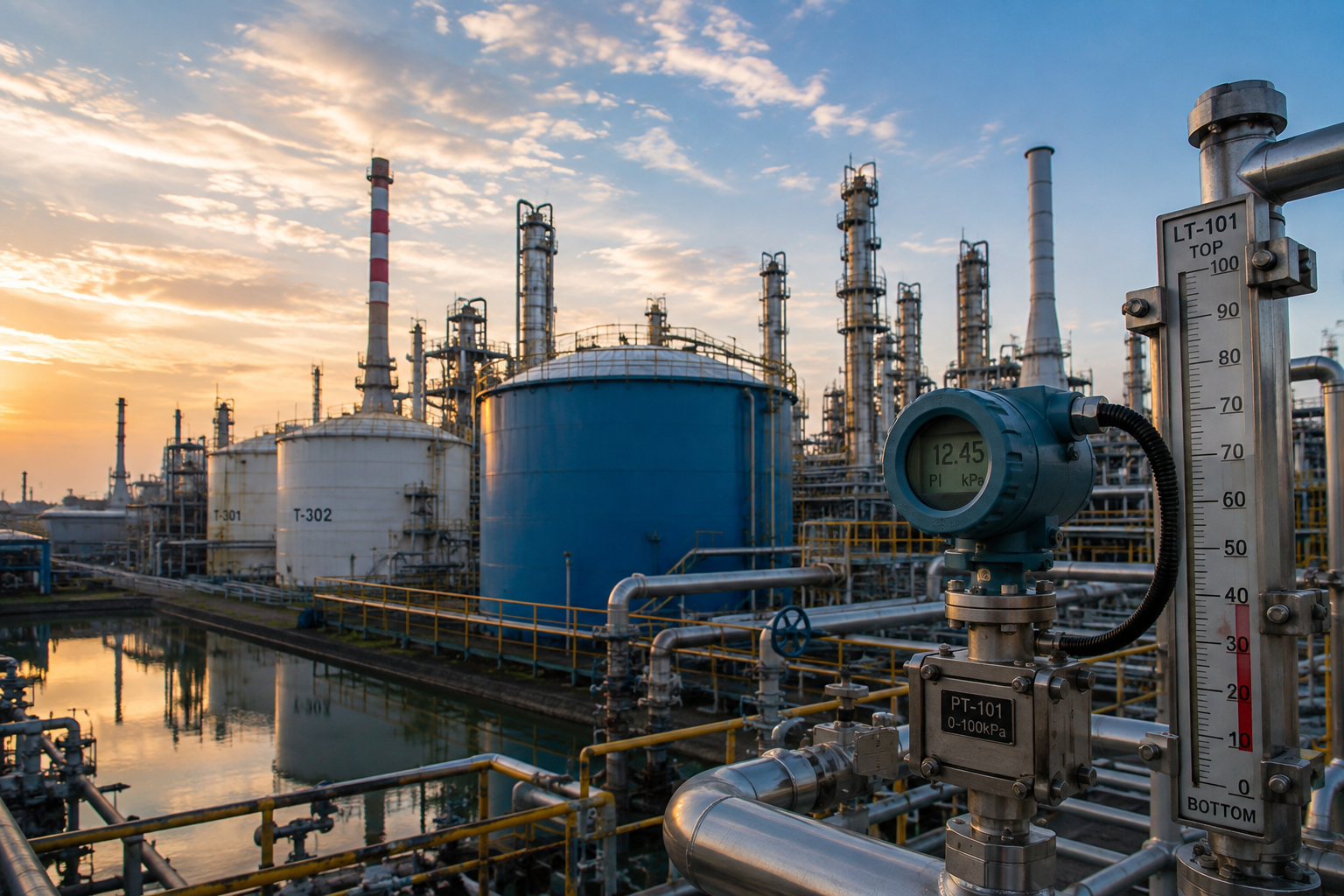 Industrial energy facility with storage tanks, process piping, and instrumentation