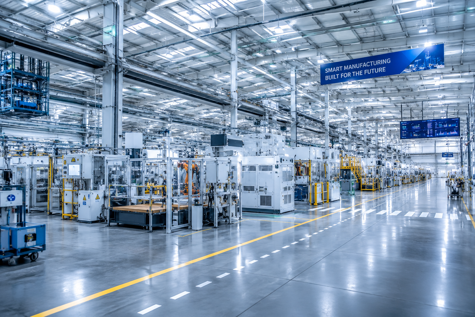 Automated industrial manufacturing facility with robotic production lines and instrumentation for process monitoring and control