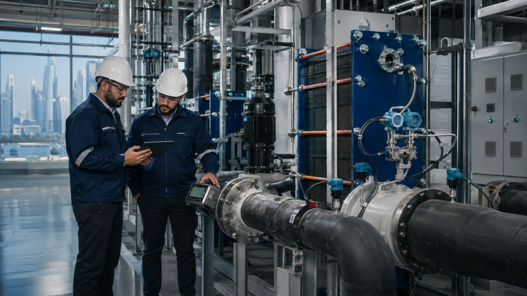 Engineers checking chilled-water flow and pressure instrumentation inside a Middle East district cooling plant