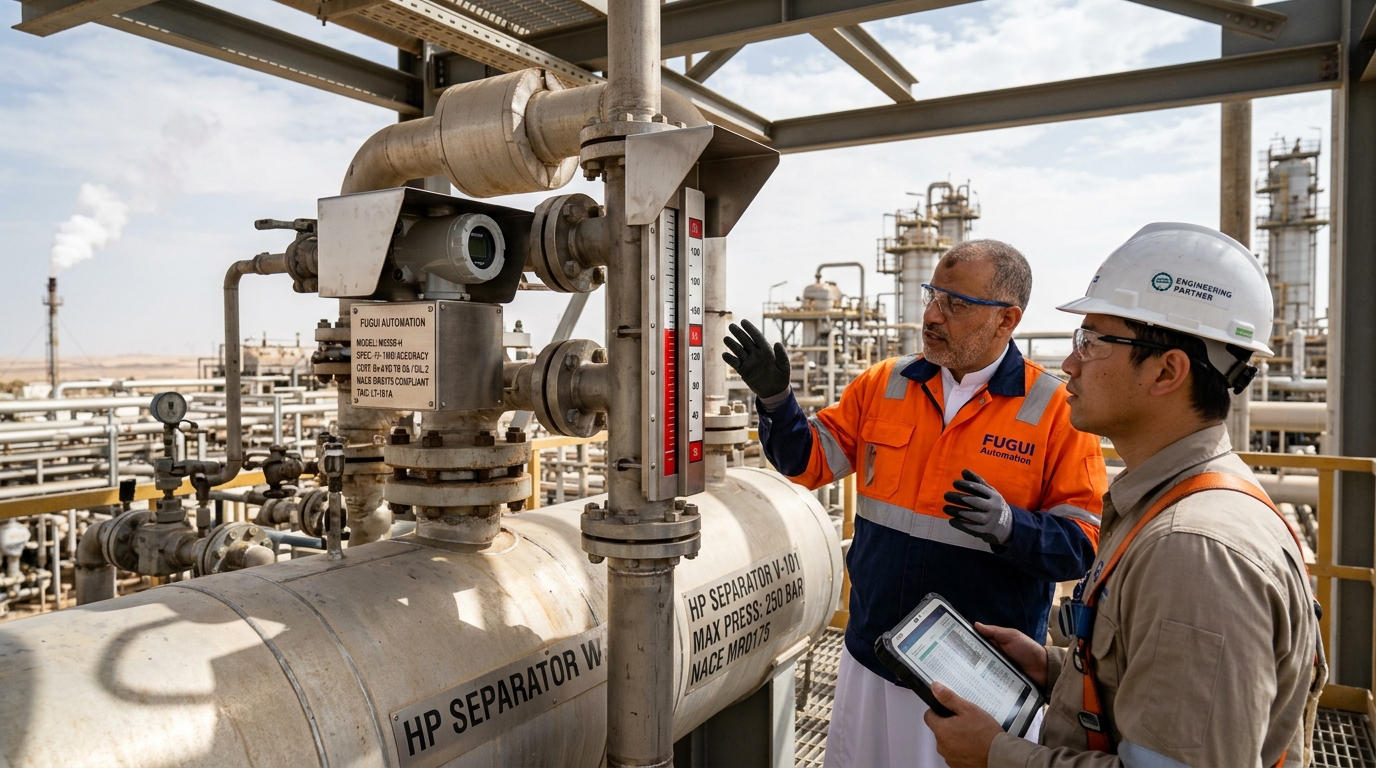 FUGUI Automation SIC MBS magnetic flap level gauge and SIC MS magnetostrictive level transmitter installed on high-pressure separator V-101 in Saudi Arabia. A selection guide for high-pressure level measurement in the Middle East oil, gas, and petrochemical industries.Engineers inspect the FUGUI Automation high-pressure level solution—comprising the SIC MBS magnetic flap level gauge and SIC MS magnetostrictive level transmitter—at an oil and gas field site in the Middle East.Field application of the FUGUI Automation SIC MBS magnetic flap level gauge and SIC MS magnetostrictive level transmitter on high-pressure separator V-101 in Saudi Arabia.High-pressure level measurement in the Middle East oil, gas, and petrochemical sectors: FUGUI Automation SIC MBS magnetic flap level gauge and SIC MS magnetostrictive level transmitter installed on high-pressure separator V-101 in Saudi Arabia.FUGUI Automation high-pressure level selection guide: SIC MBS magnetic flap level gauge and SIC MS magnetostrictive level transmitter, specifically designed for high-pressure applications in the Middle East oil, gas, and petrochemical industries.