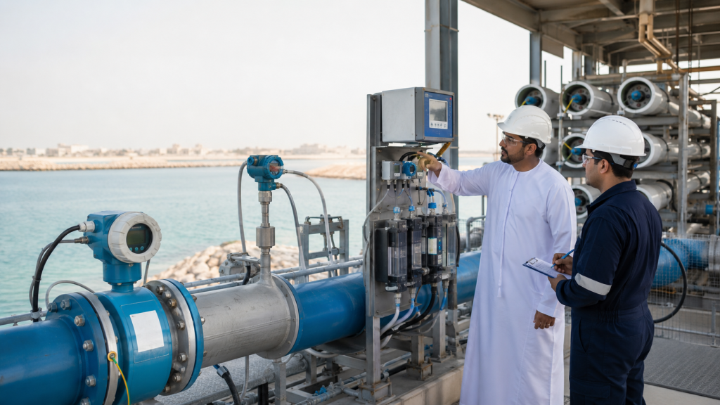 Instrumentation engineers inspecting flow and water-quality measurements at a Gulf seawater reverse-osmosis plant