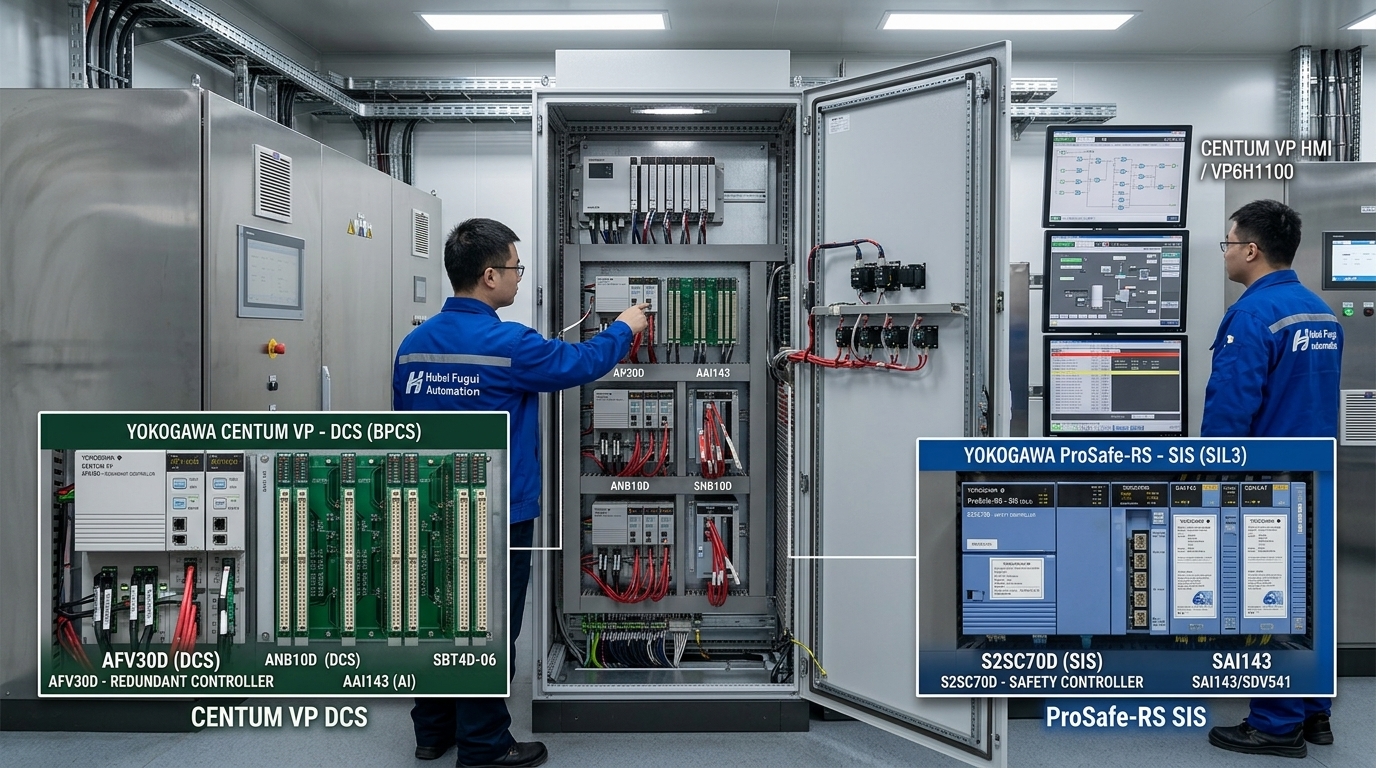 Yokogawa CENTUM VP DCS AFV30D controller cabinet alongside ProSafe-RS SIS S2SC70D safety system with HMI monitoring screens