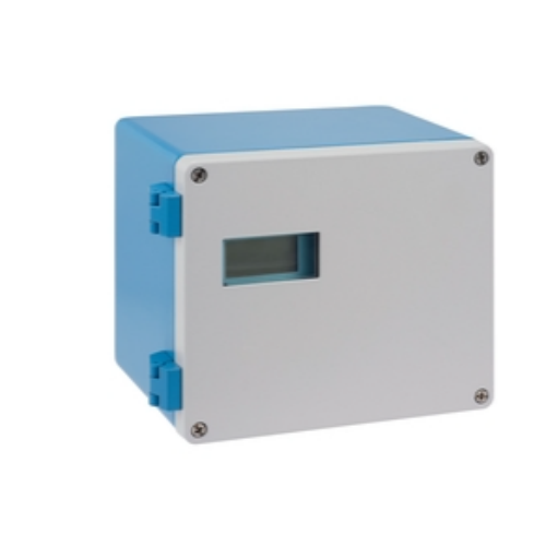 Prosonic FMU42 non-contact ultrasonic level transmitter and open channel flow meter sensor mounted on storage tank