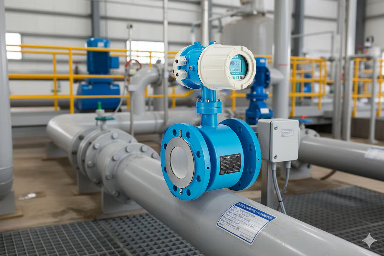Industrial pressure transmitter and flowmeter installed on a process pipeline